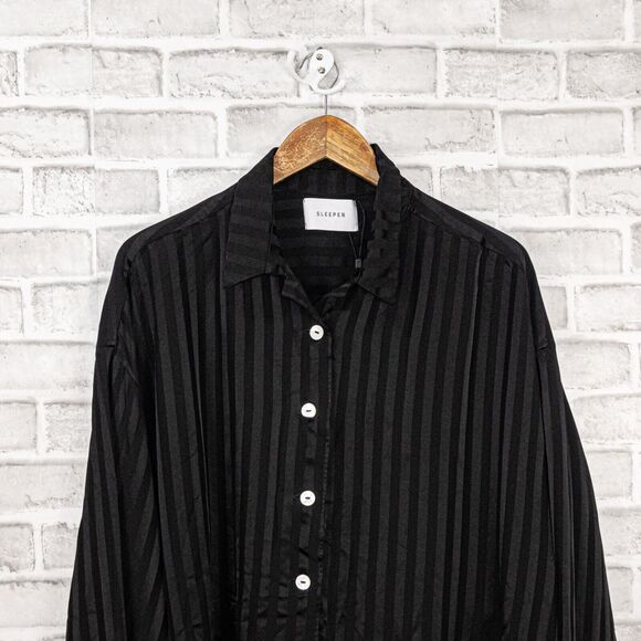 SLEEPER brand Women's Pajama Top button up Black striped satin rayon sz 1 - Picture 7 of 9